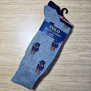 Polo Ralph Lauren Bear USA Socks 2-Pack AOP Striped Large L 10-13 Grey Navy Pony